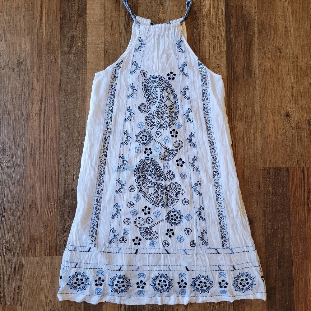 Venus White Blue Embroidery Halter Mini Dress